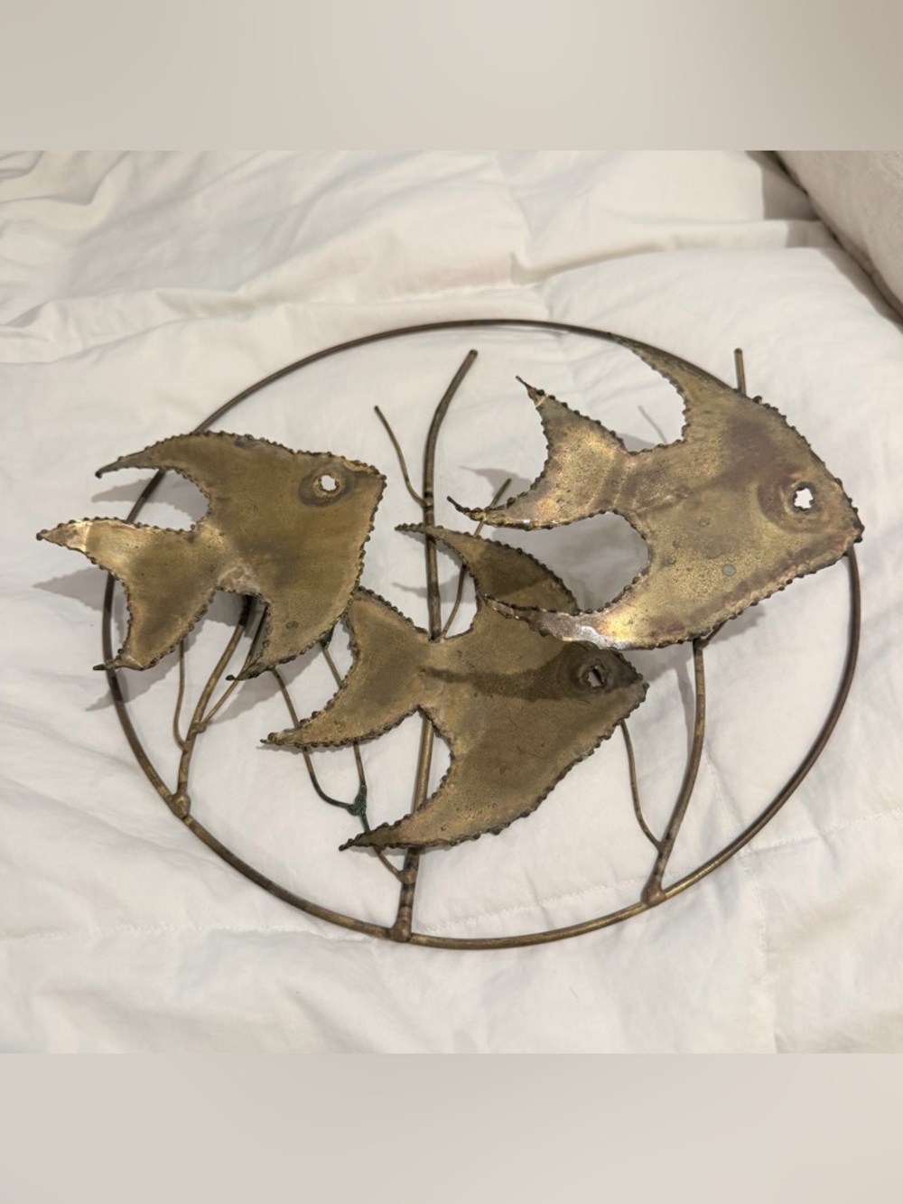 Vintage Brutalist Brass Metal Wall Hanging Sculpture With Three Schooling Fish